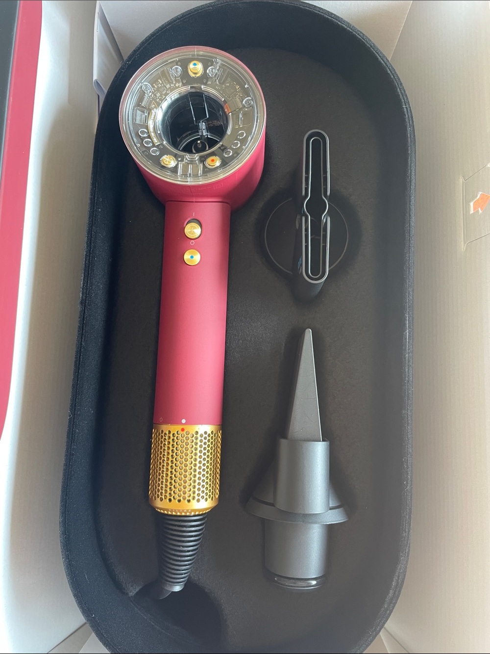 Dyson Hair Dryer in Red and Gold with Styling Nozzle